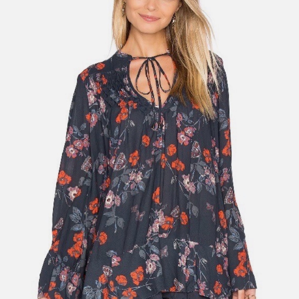 Floral Tie-Neck Peasant Blouse - Navy with Red Floral